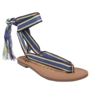 Ladies Size 8 Blue Striped Braided Ankle Wrap Gladiator Flat Thong Sandals